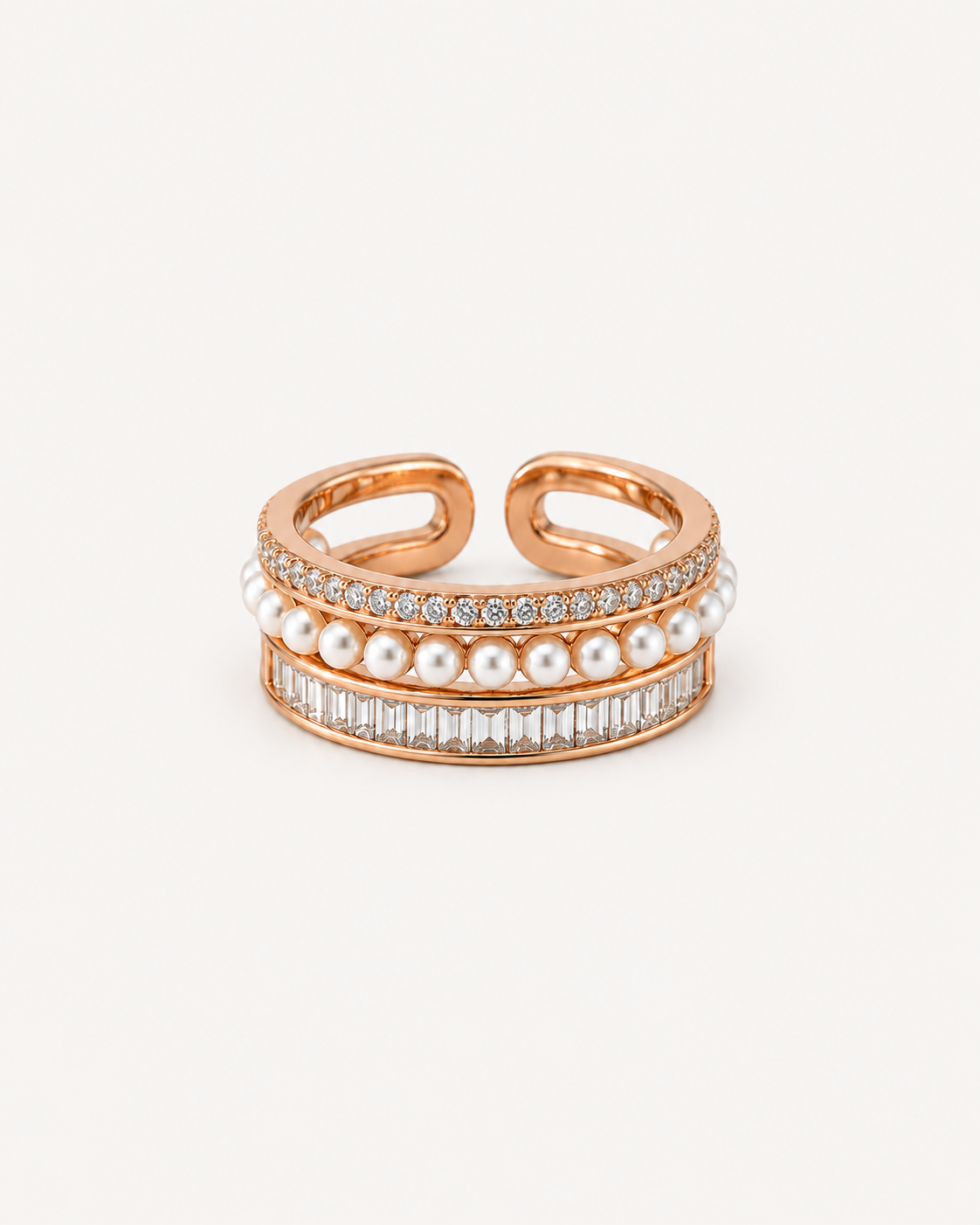Pantheon Triple-Row Ring - Rose Gold. Pavé diamonds, pearls and baguette diamonds.