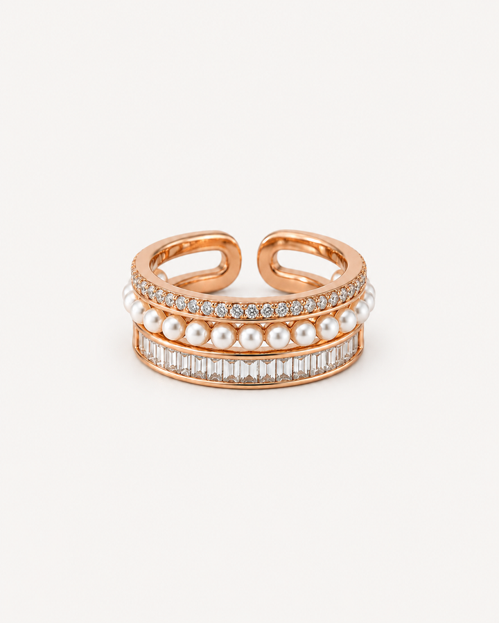 Pantheon Triple-Row Ring - Rose Gold. Pavé diamonds, pearls and baguette diamonds.