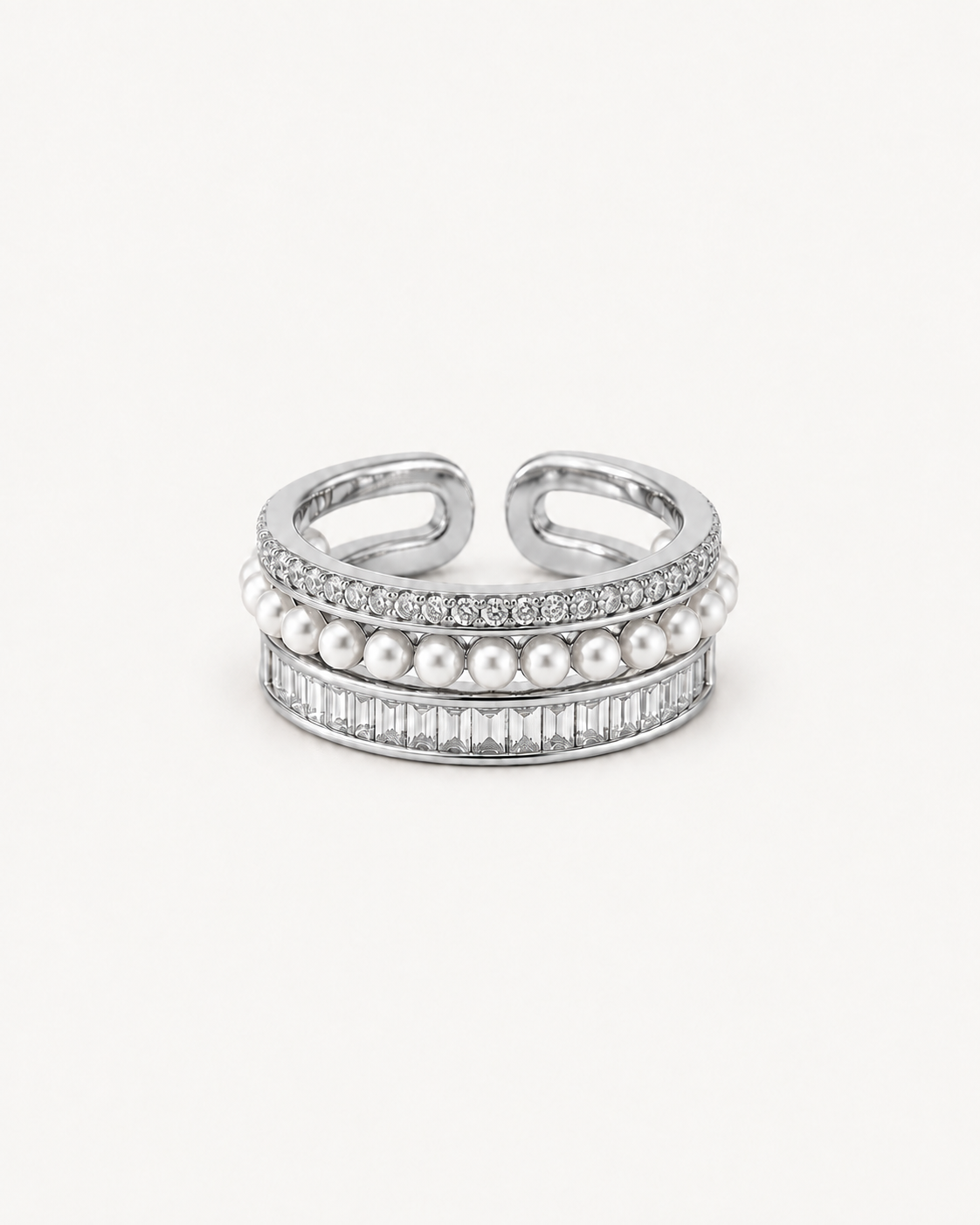 Pantheon Triple-Row Ring in silver with pavé diamonds, pearls and baguette diamonds