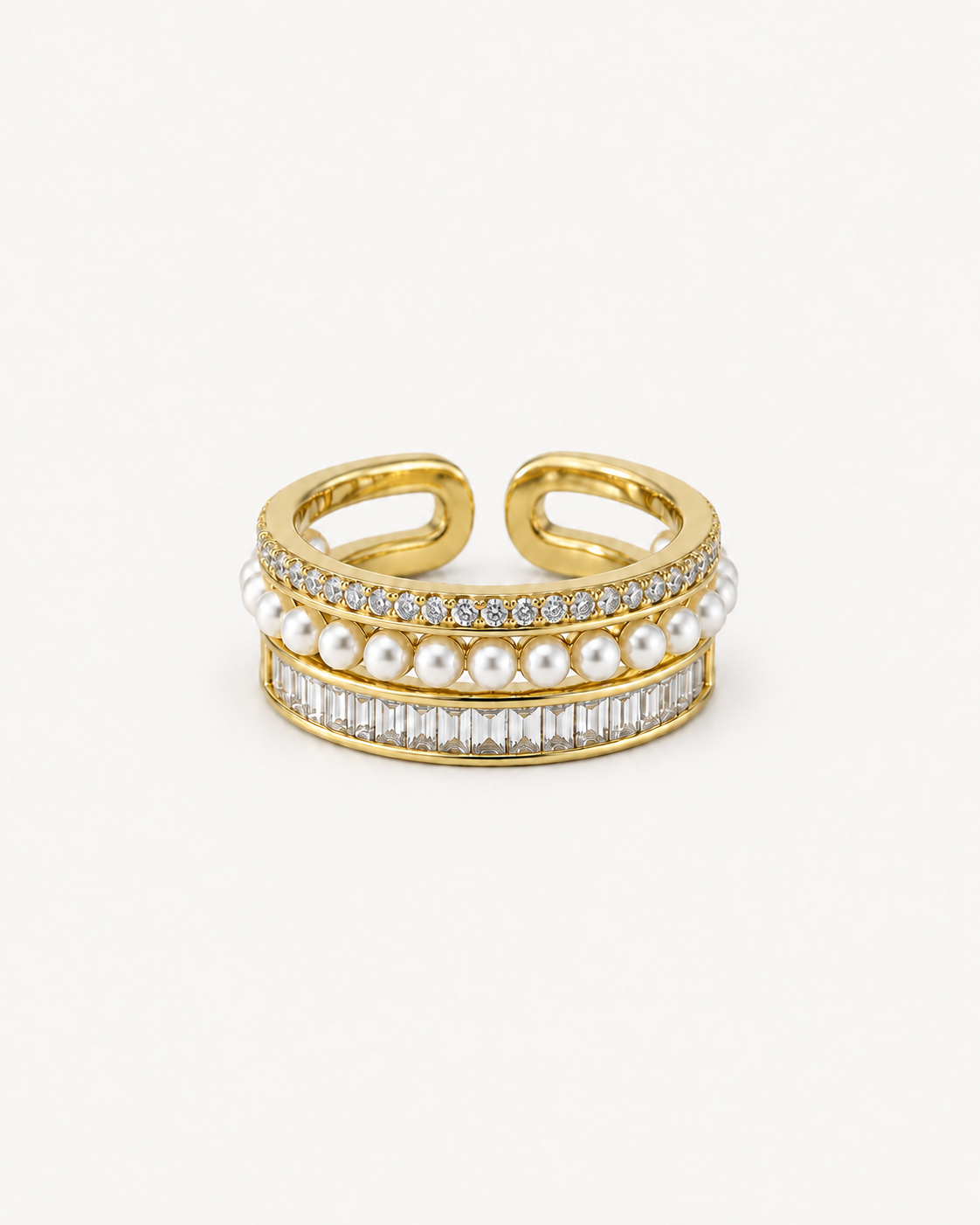 Pantheon Triple-Row Ring in yellow gold with pavé diamonds, pearls and baguette diamonds