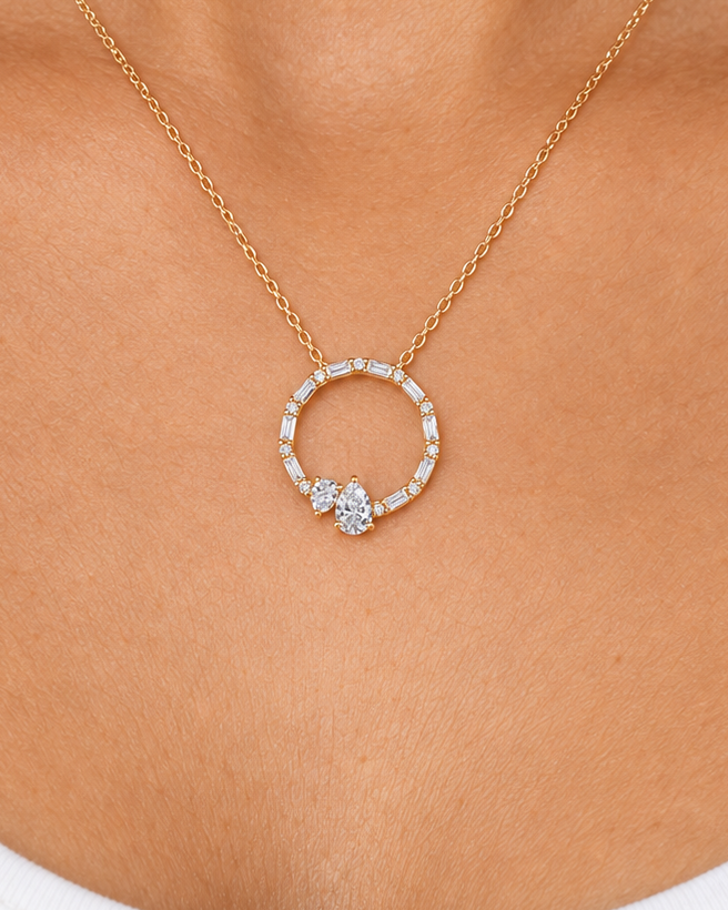 Pear-Accent Circle Necklace — close worn studio photograph