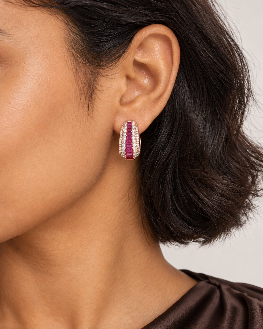 Pink Baguette Hoops, farther worn view