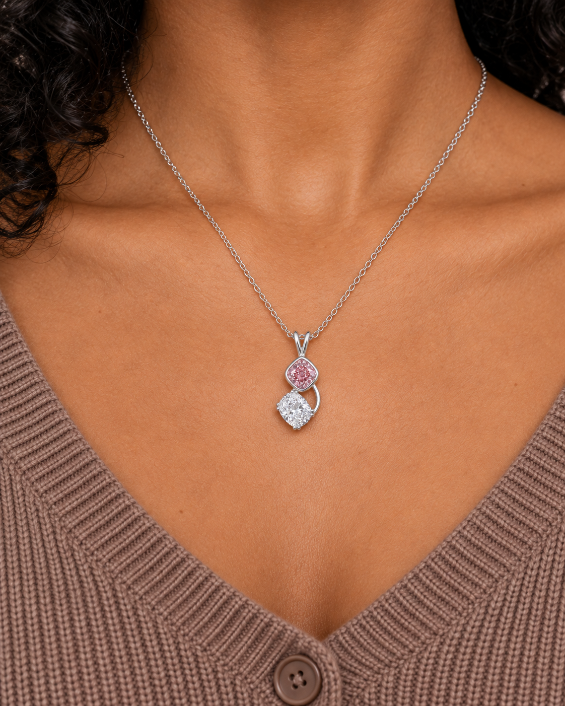 Pink Swirl Necklace — farther worn studio photograph