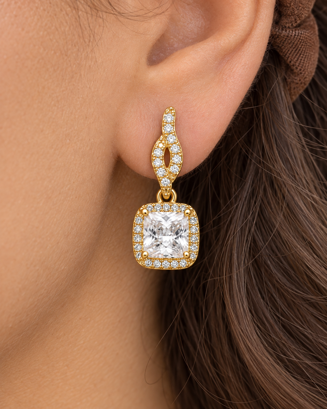 Curved Cushion Drop Earrings — Close worn