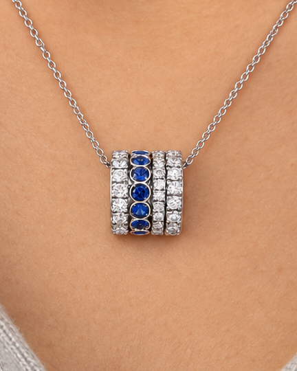 Blue Barrel Necklace — Close worn