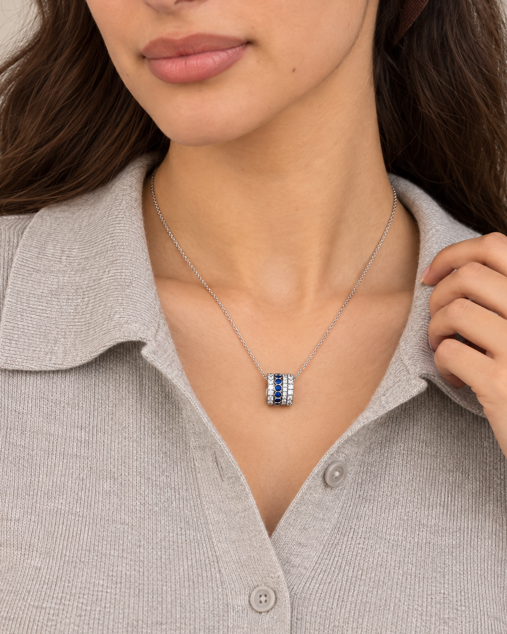 Blue Barrel Necklace — Second worn