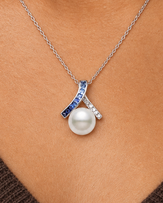 Blue-Cap Drop Necklace — Close worn