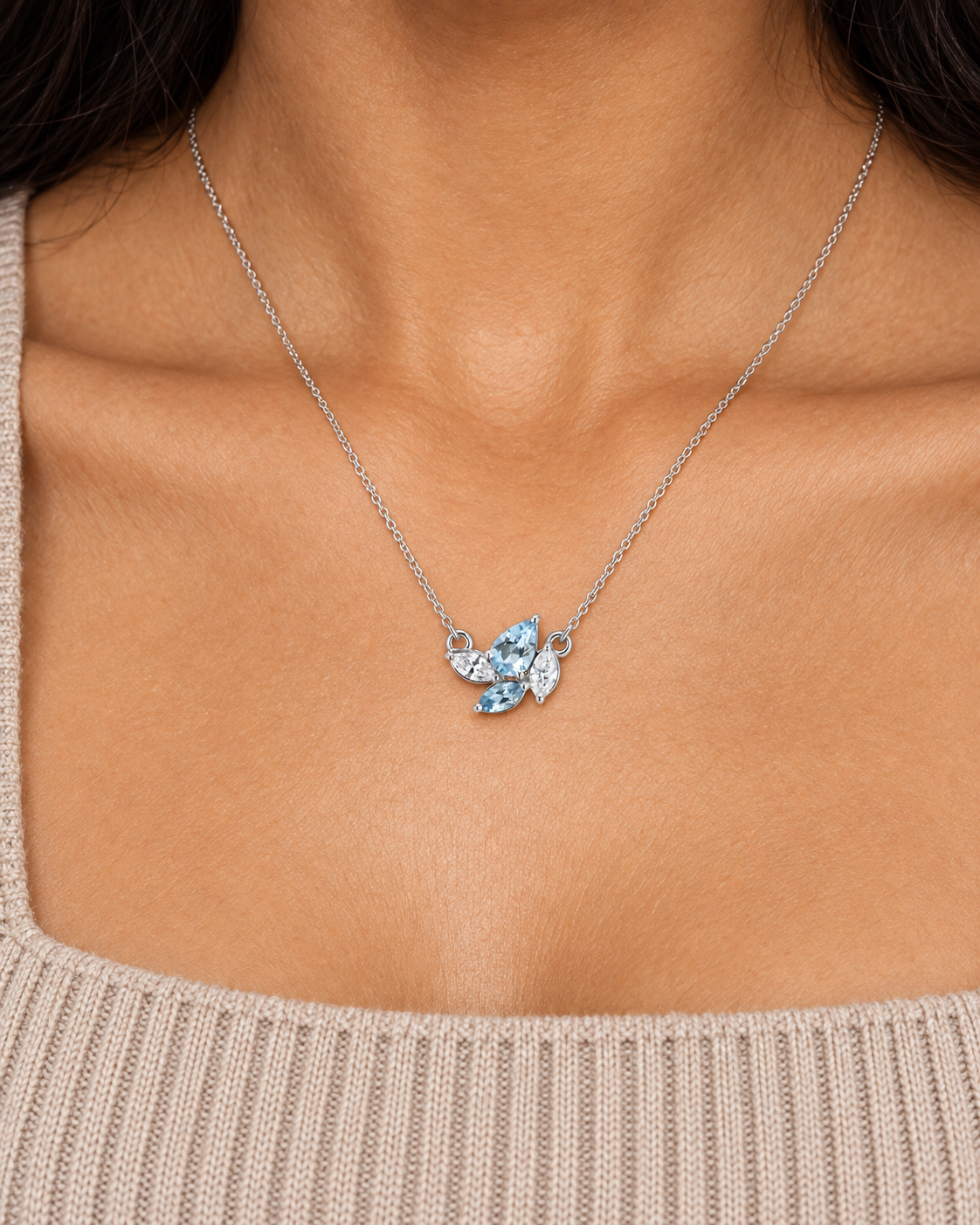 Blue Leaf Necklace — Close worn