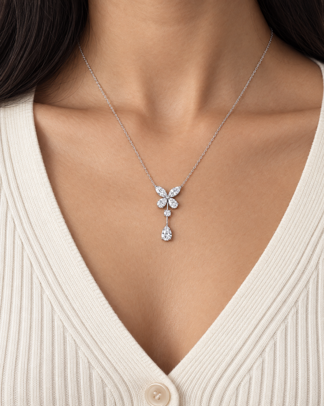Butterfly Drop Necklace — Close worn