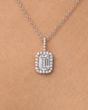Emerald-Cut Halo Necklace — Close worn
