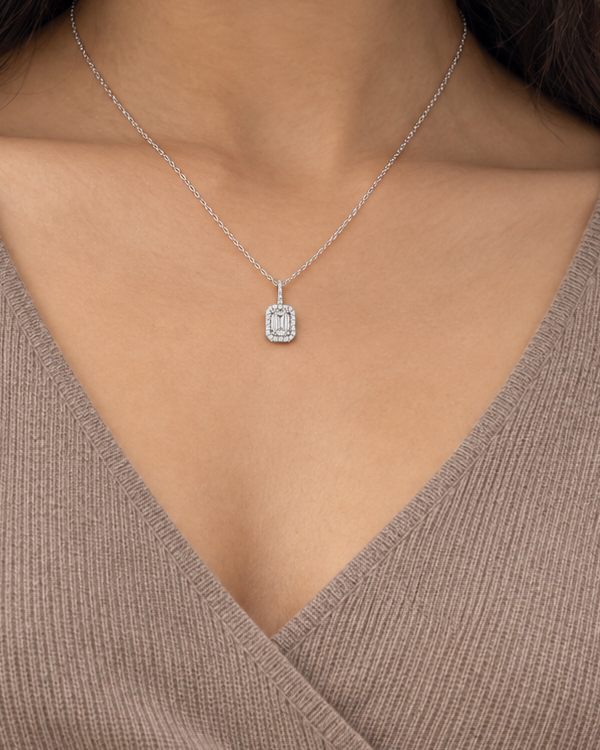Emerald-Cut Halo Necklace — Second worn