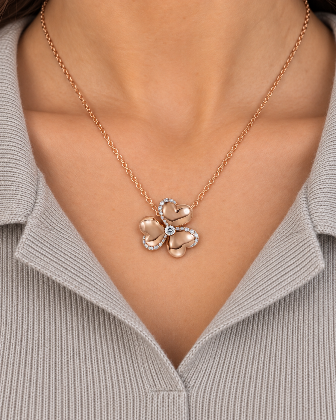 Heart Clover Necklace — Close worn