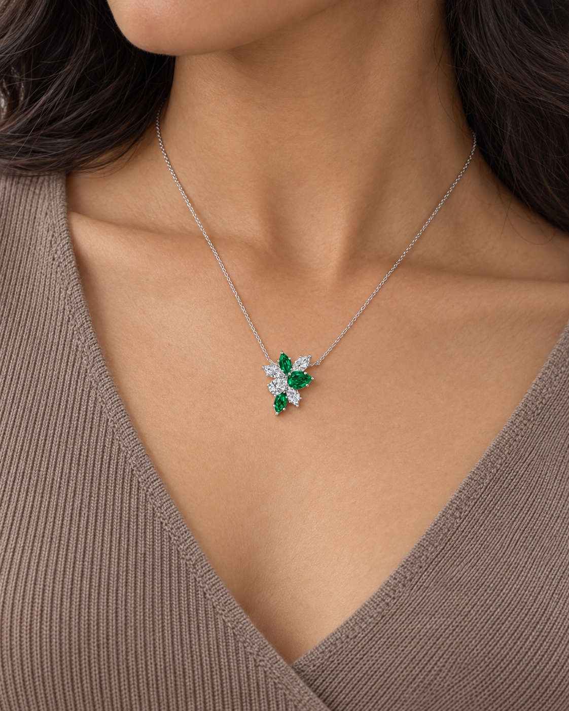 Green Floral Necklace — Close worn