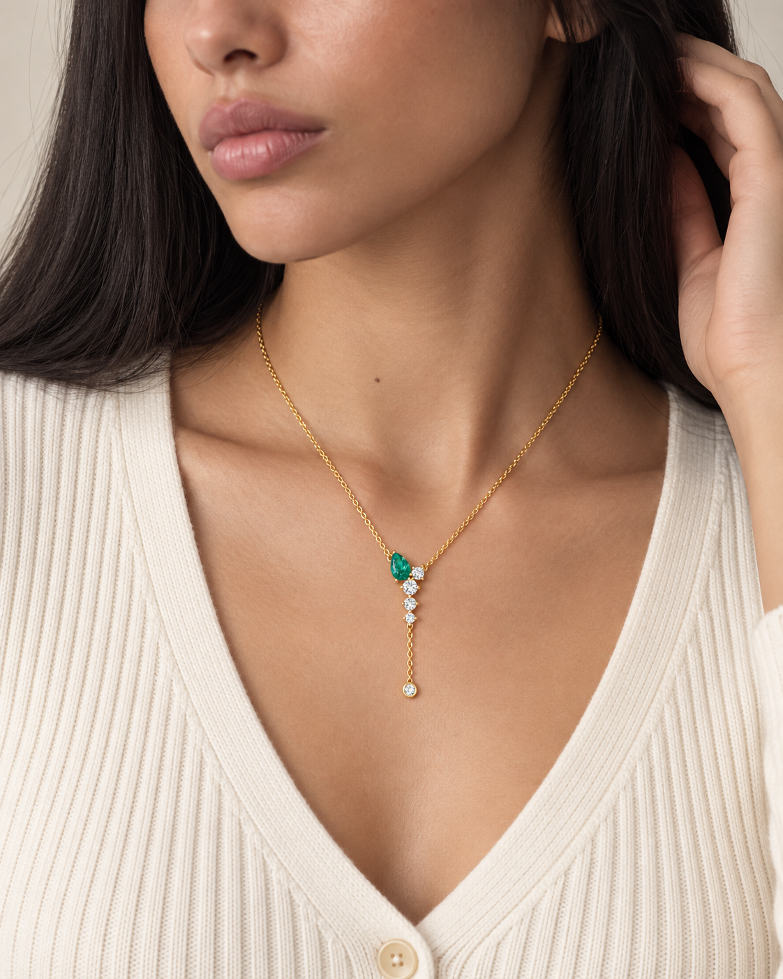 Green Lariat Necklace — Close worn