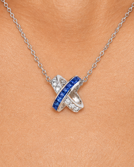 Interlocking Blue Necklace — Close worn