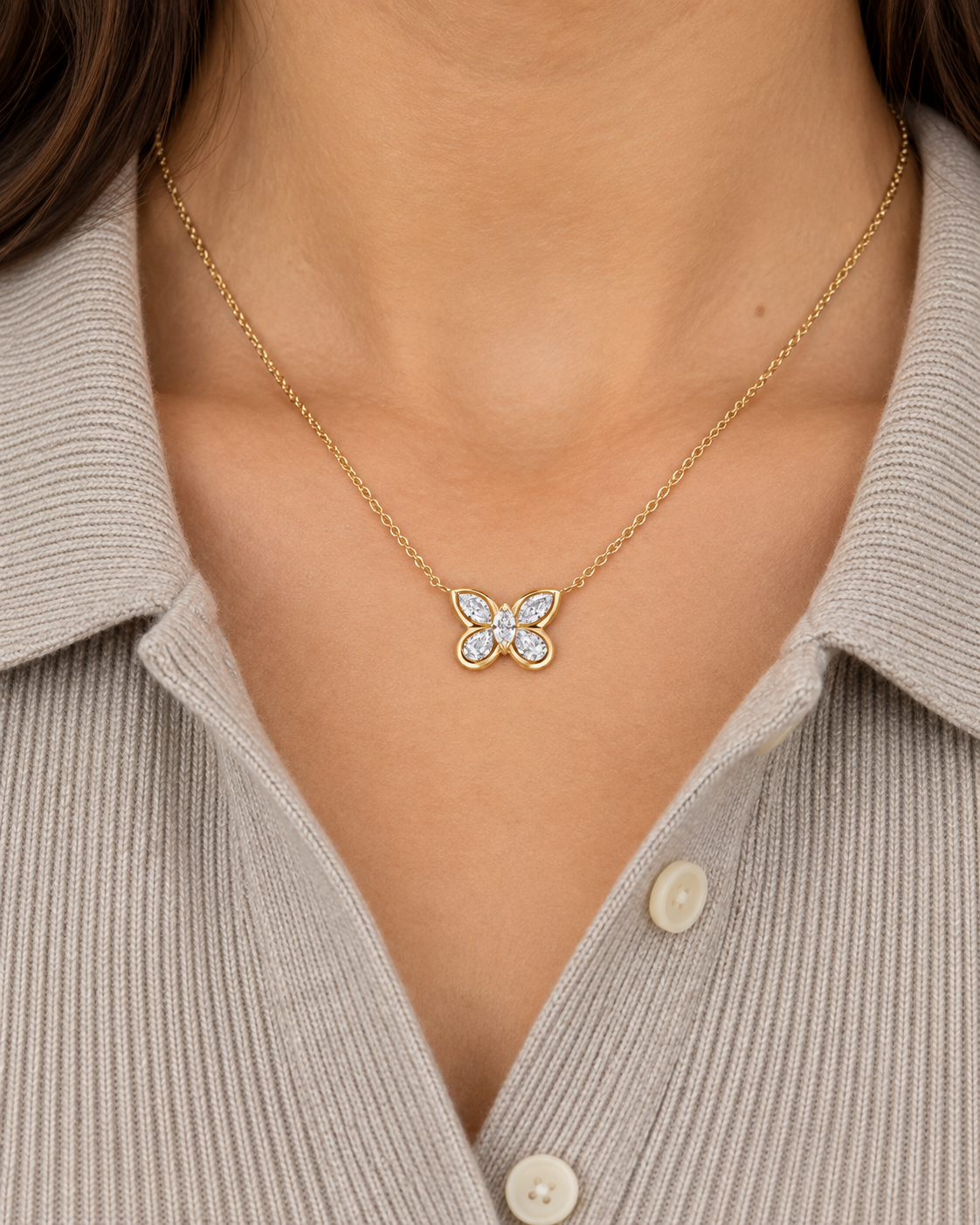 Marquise Butterfly Necklace — Close worn