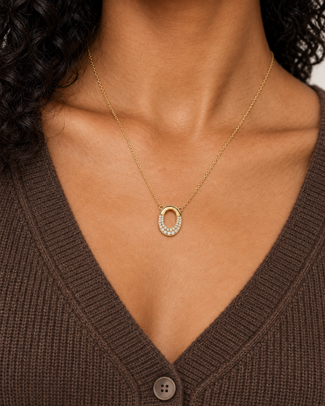Pavé Oval Necklace — Close worn