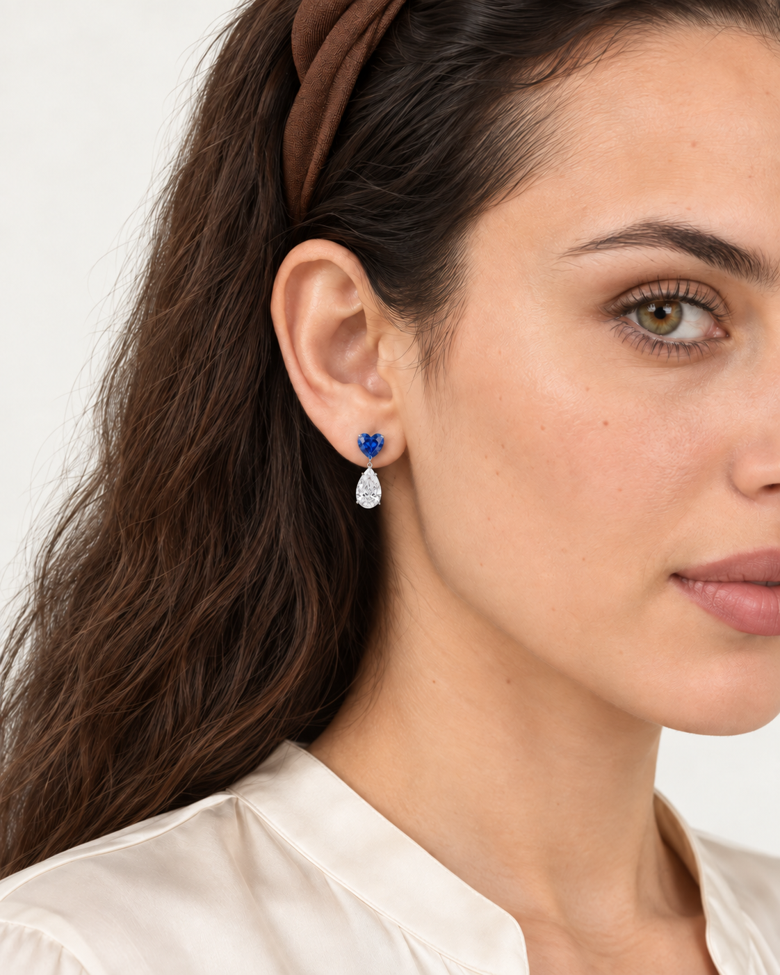 Blue Heart Drop Earrings — worn close view