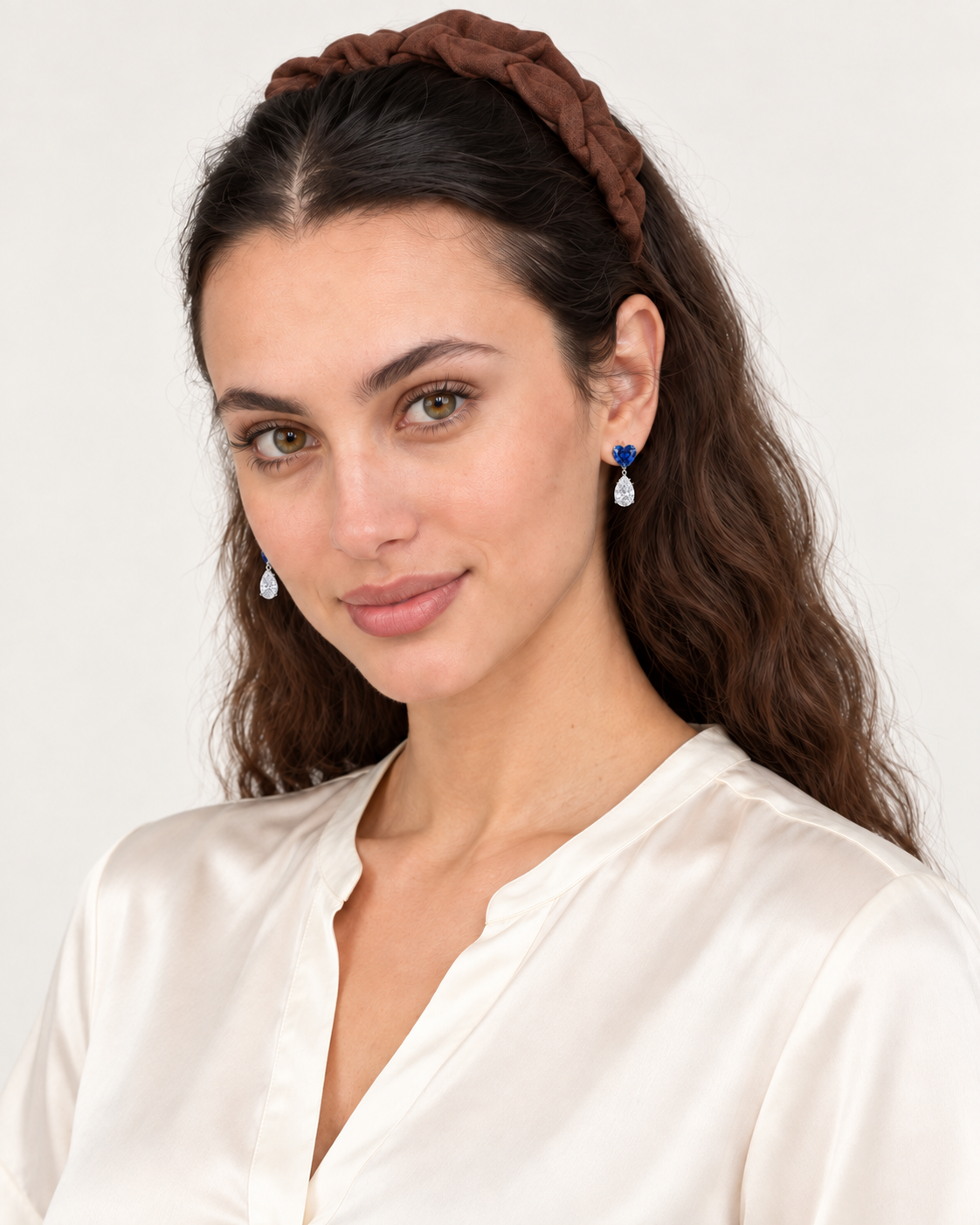 Blue Heart Drop Earrings — worn wide view