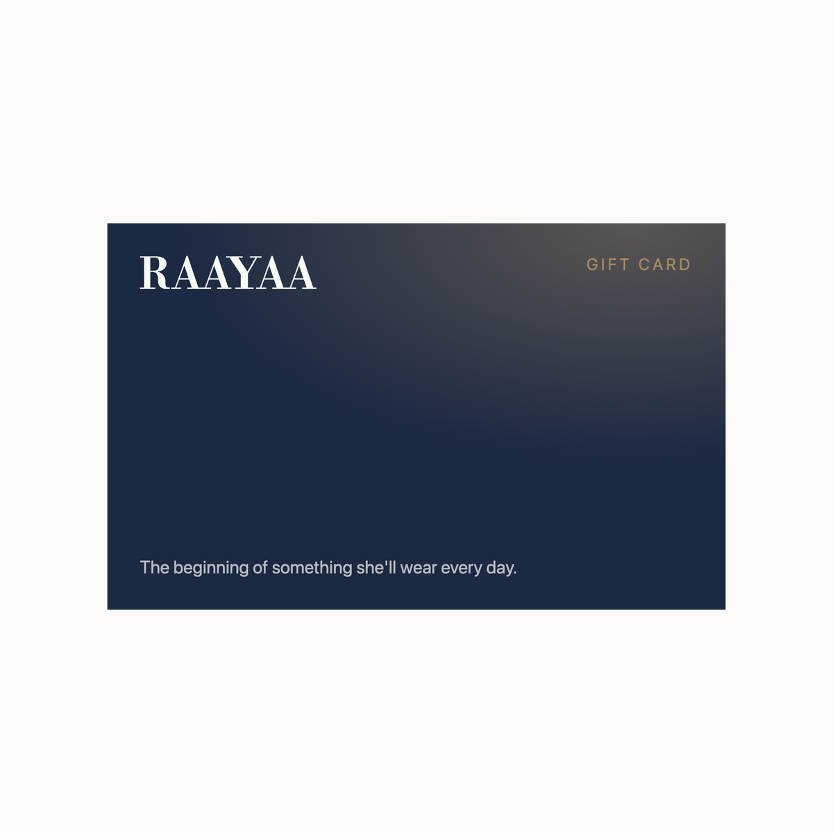 Raayaa gift card, Ink Navy with the Raayaa wordmark