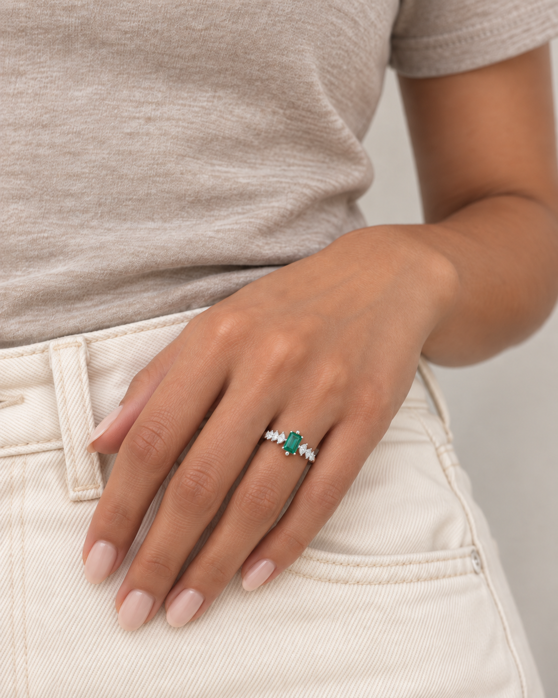 Green Step-Cut Ring — Close hand