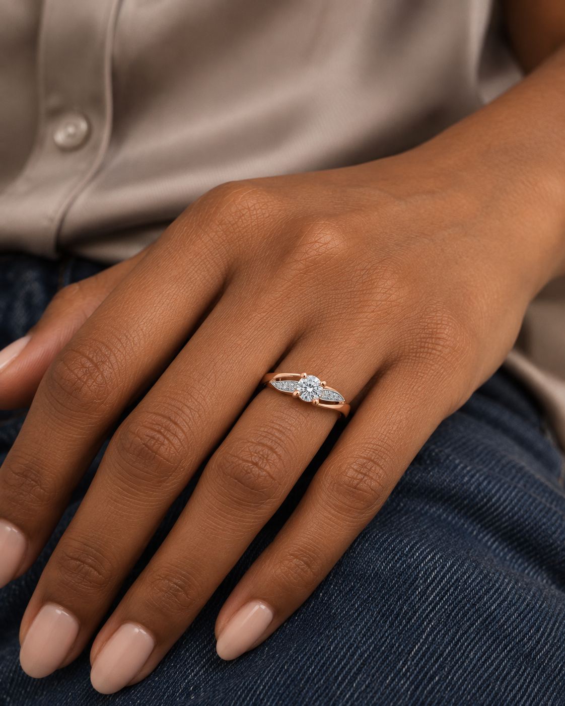 Leaf Solitaire Ring — Farther worn