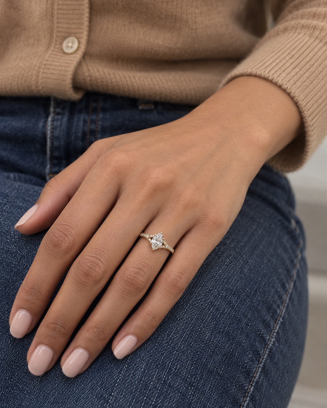 Split-Shoulder Marquise Ring — Close hand