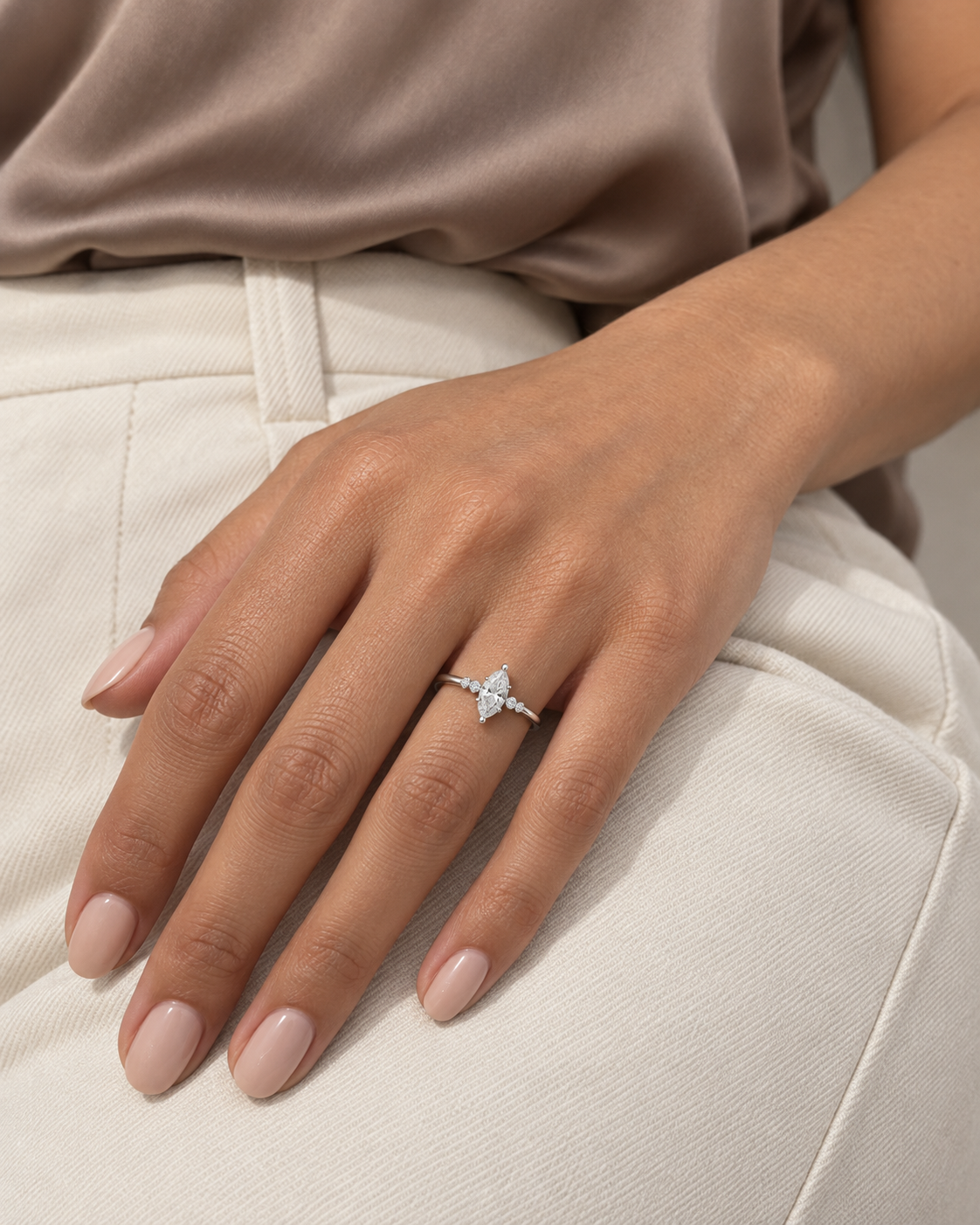 Three-Stone Marquise Ring — Close hand