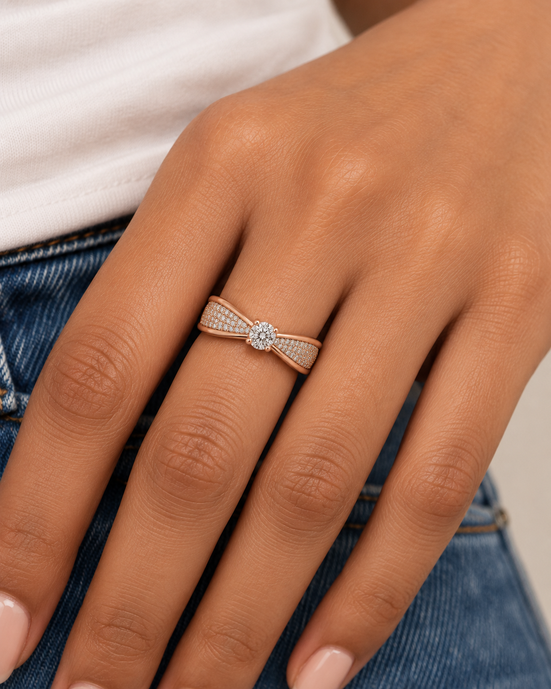 Bow Solitaire Ring - Farther worn