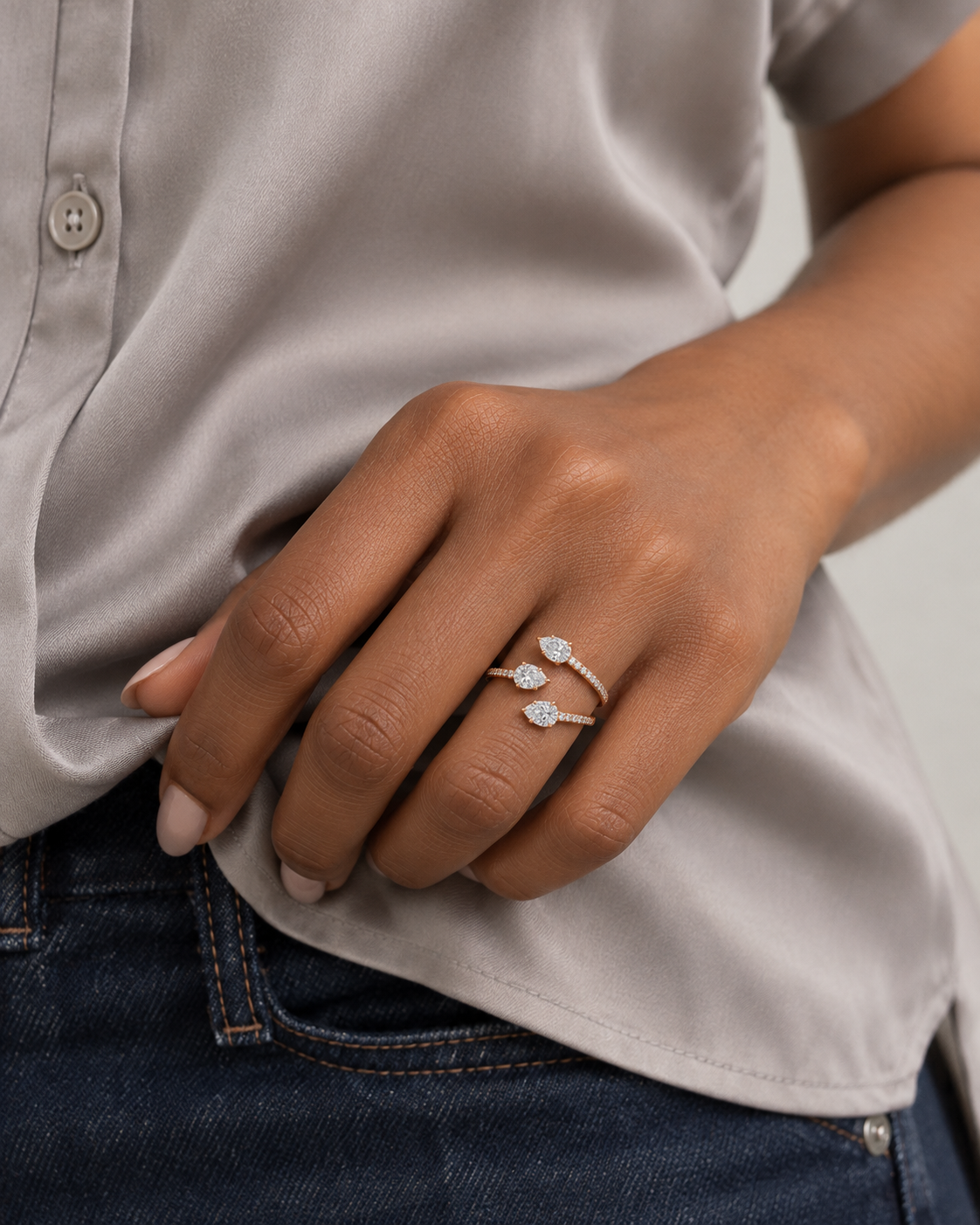 Triple Pear Ring — Close hand