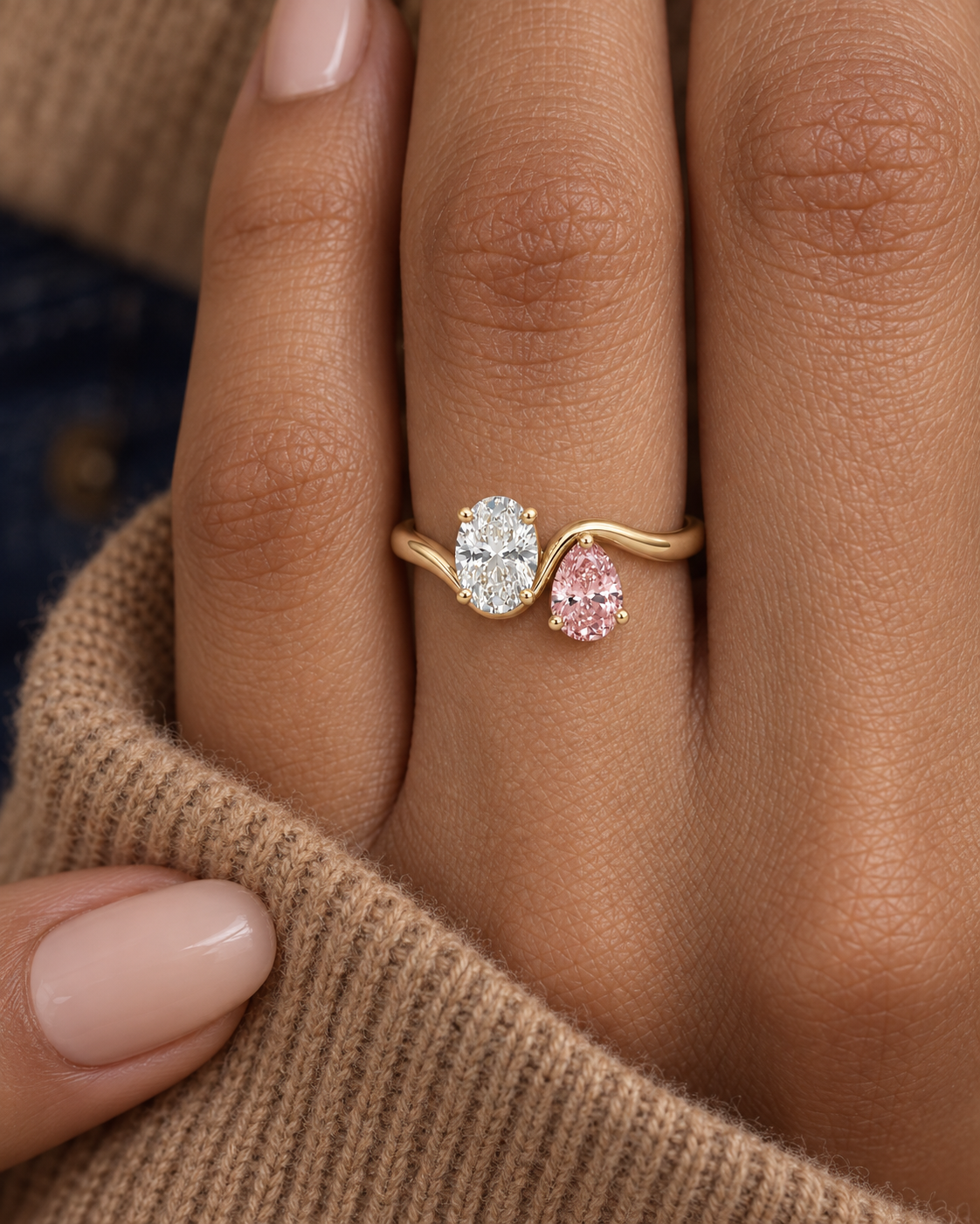 Pink Pear Ring — Close hand