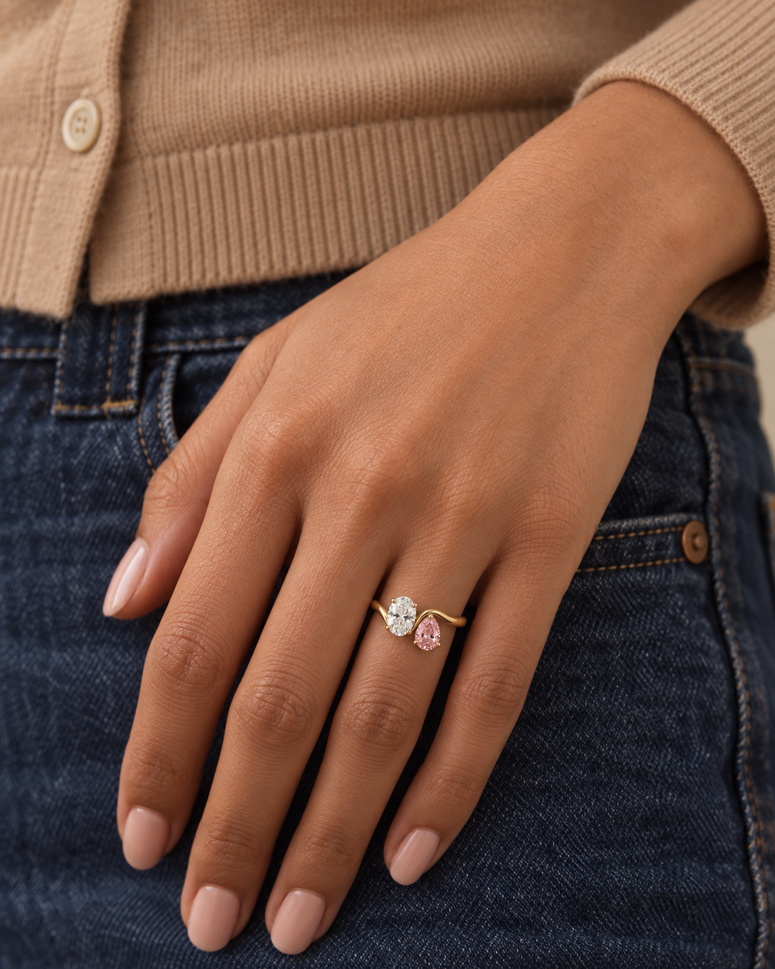 Pink Pear Ring — Farther worn