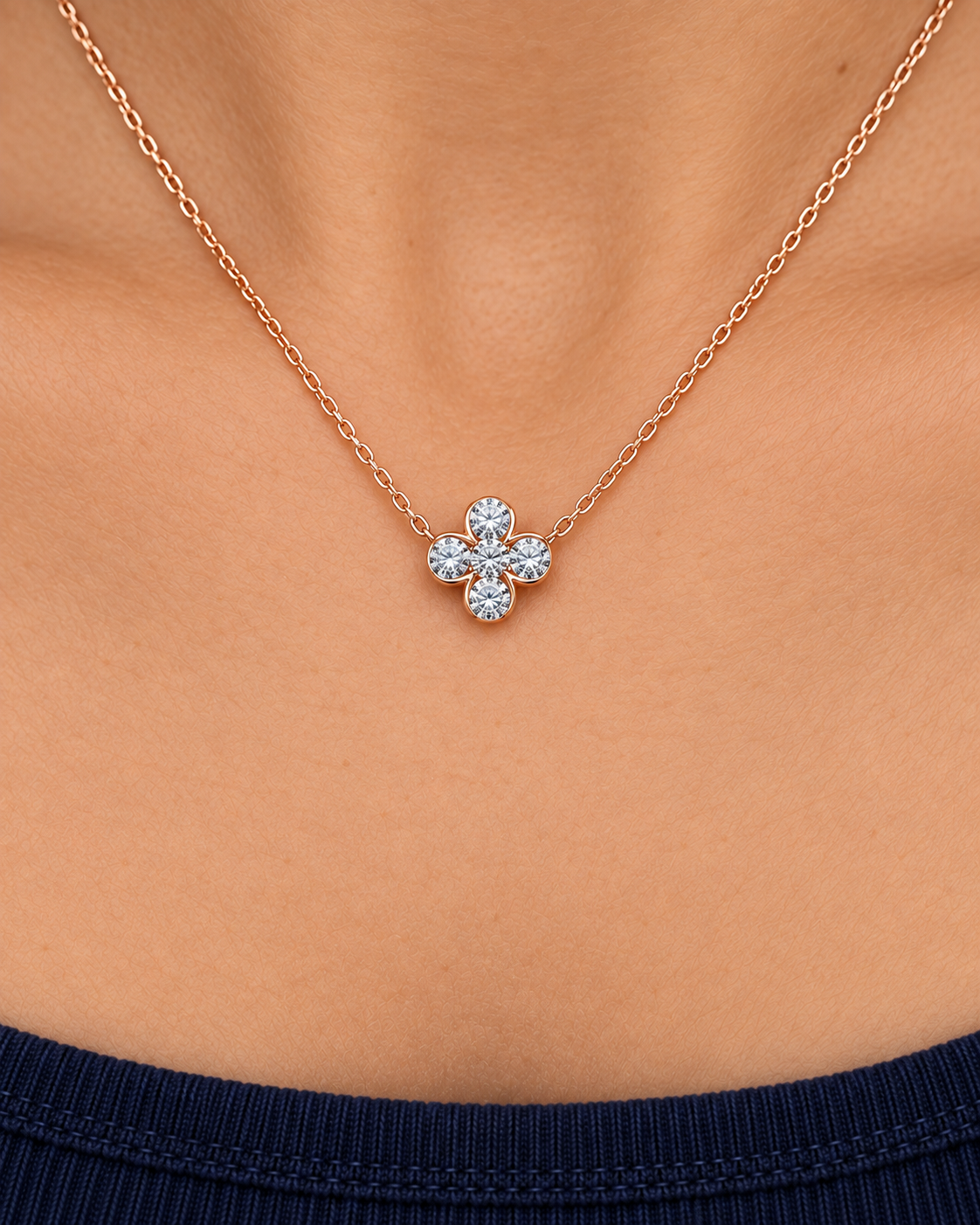 Round Clover Necklace — Close worn