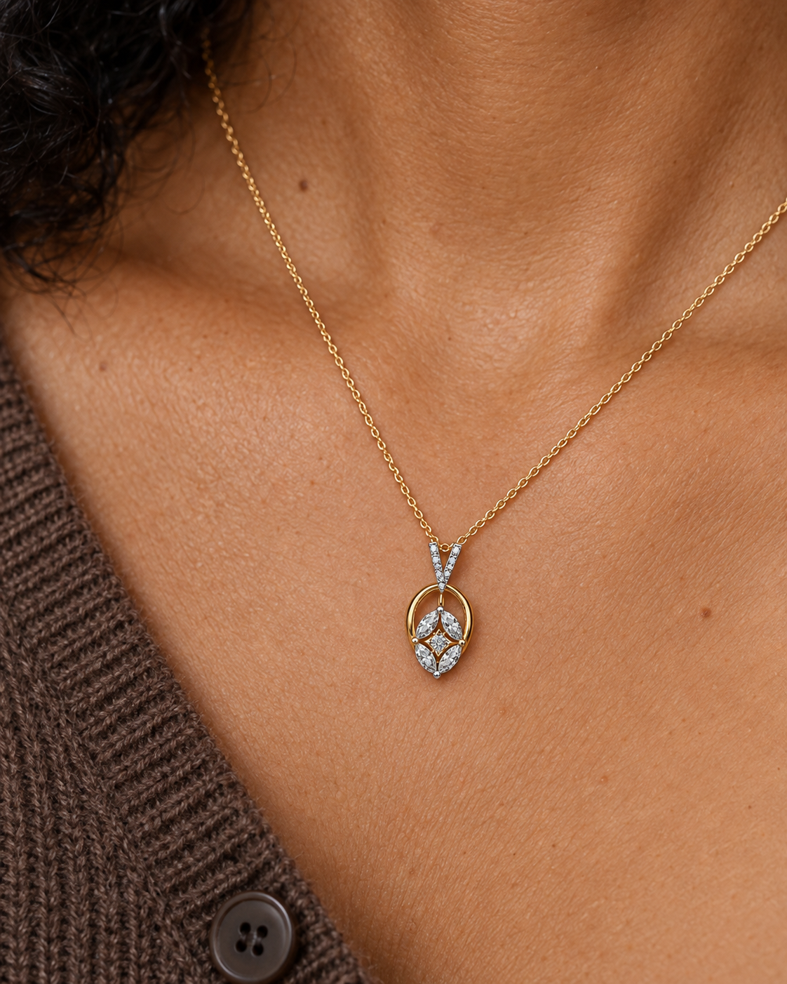 Framed Leaf Necklace — Close worn