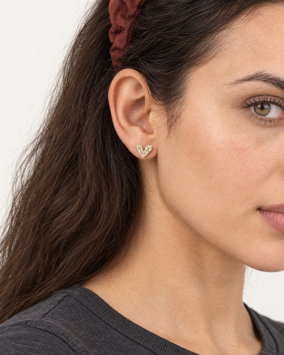 Baguette Heart Studs — worn close view