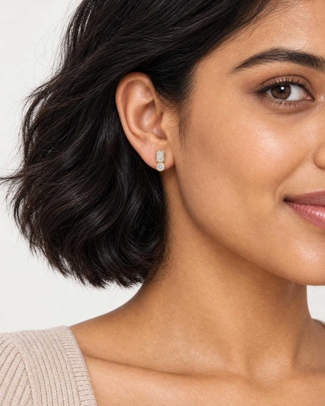 Baguette Round Drop Earrings — worn close view