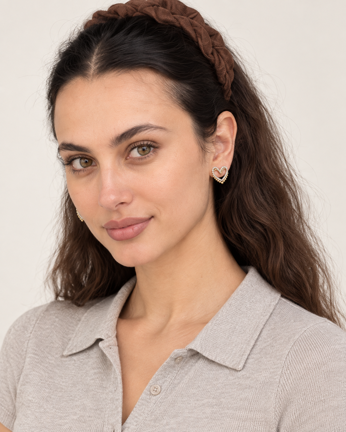 Beaded Heart Studs — worn studio view
