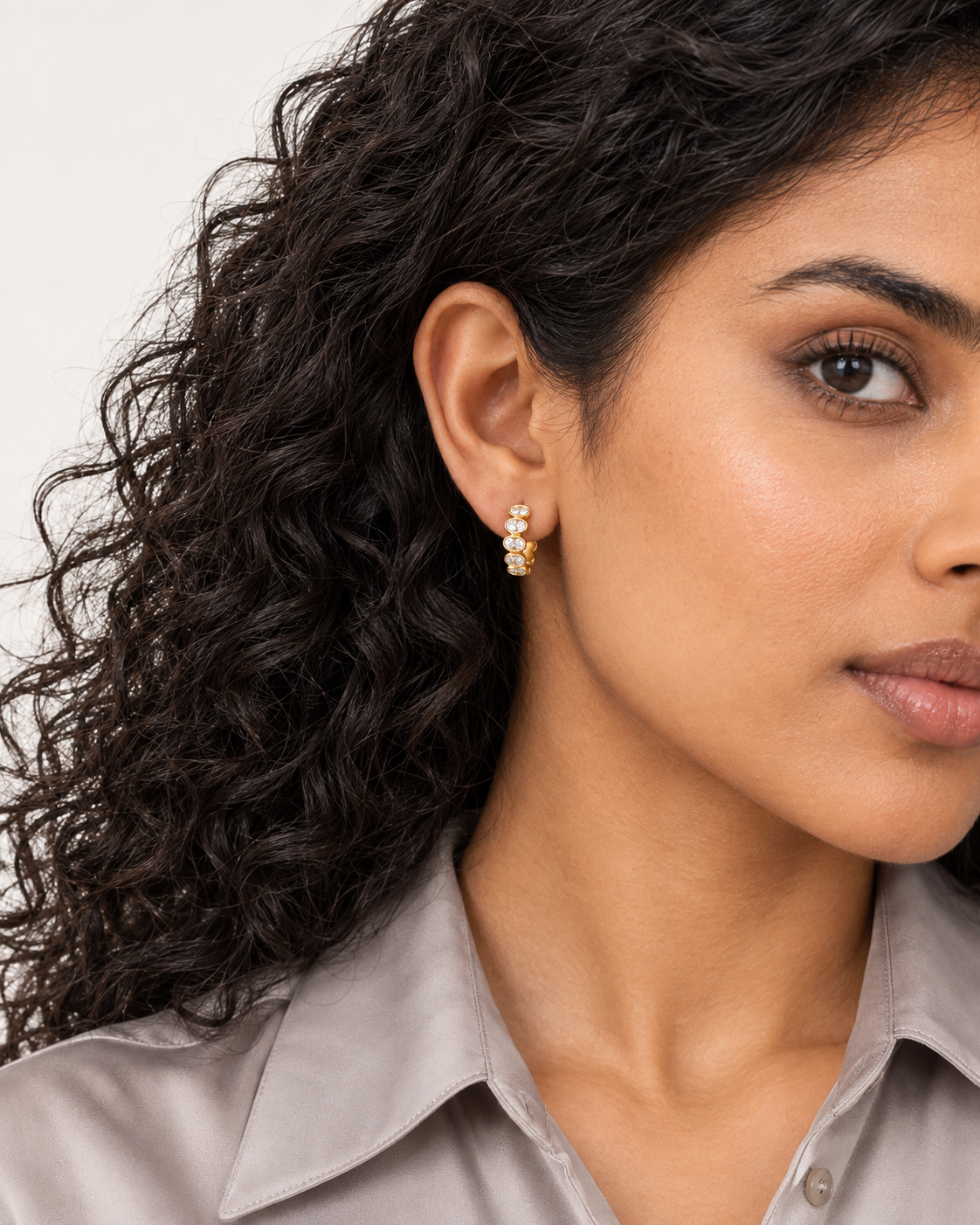 Bezel Row Hoops — worn close view