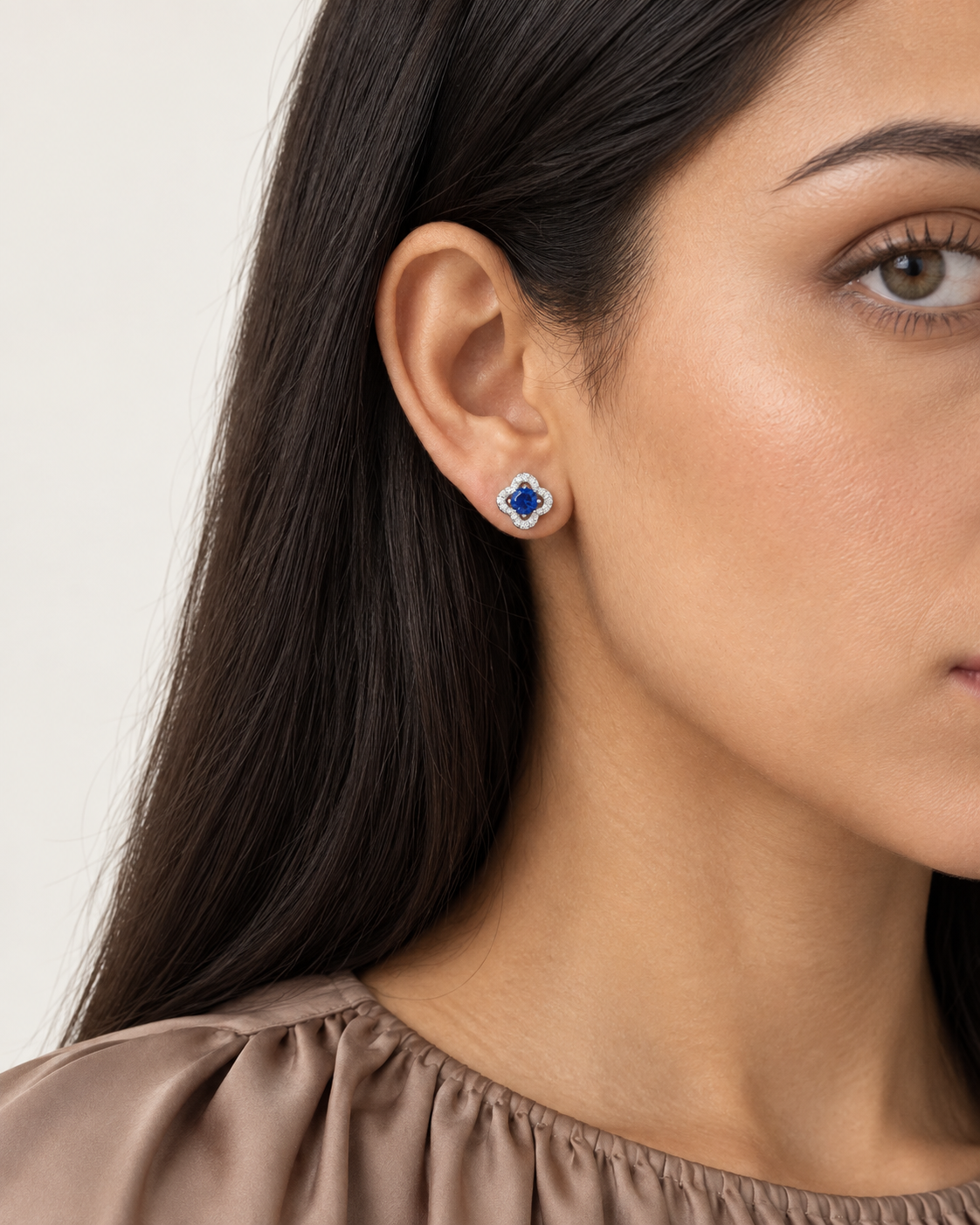 Blue Clover Studs — worn close view