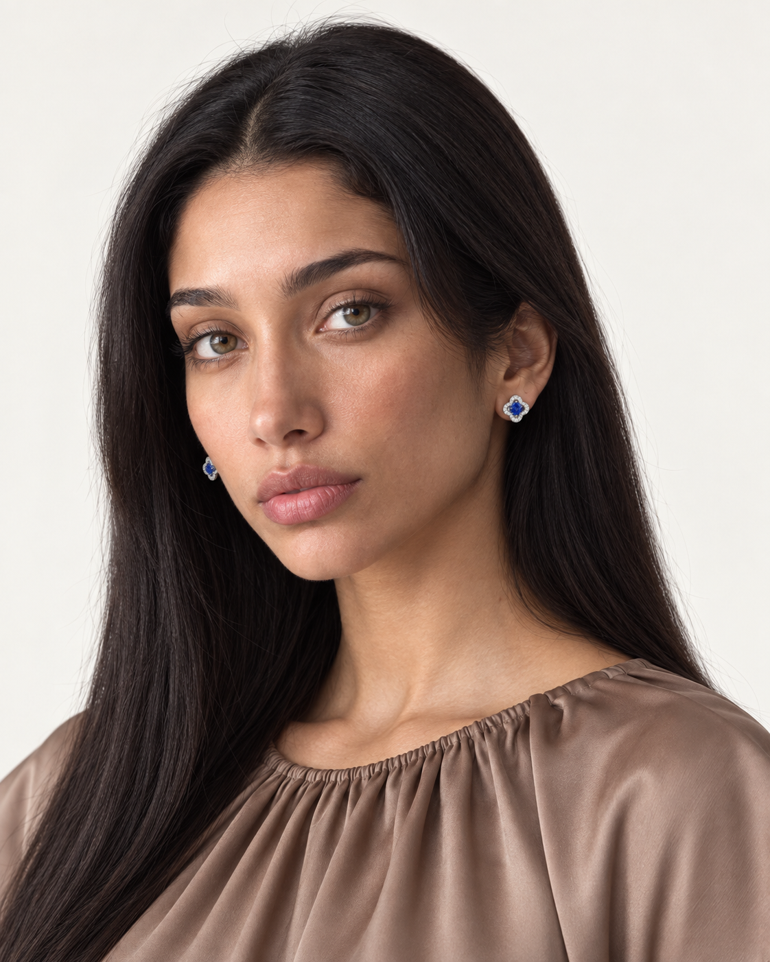 Blue Clover Studs — worn studio view