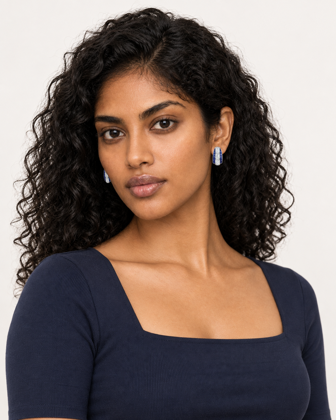 Blue Panel Hoops — worn studio view