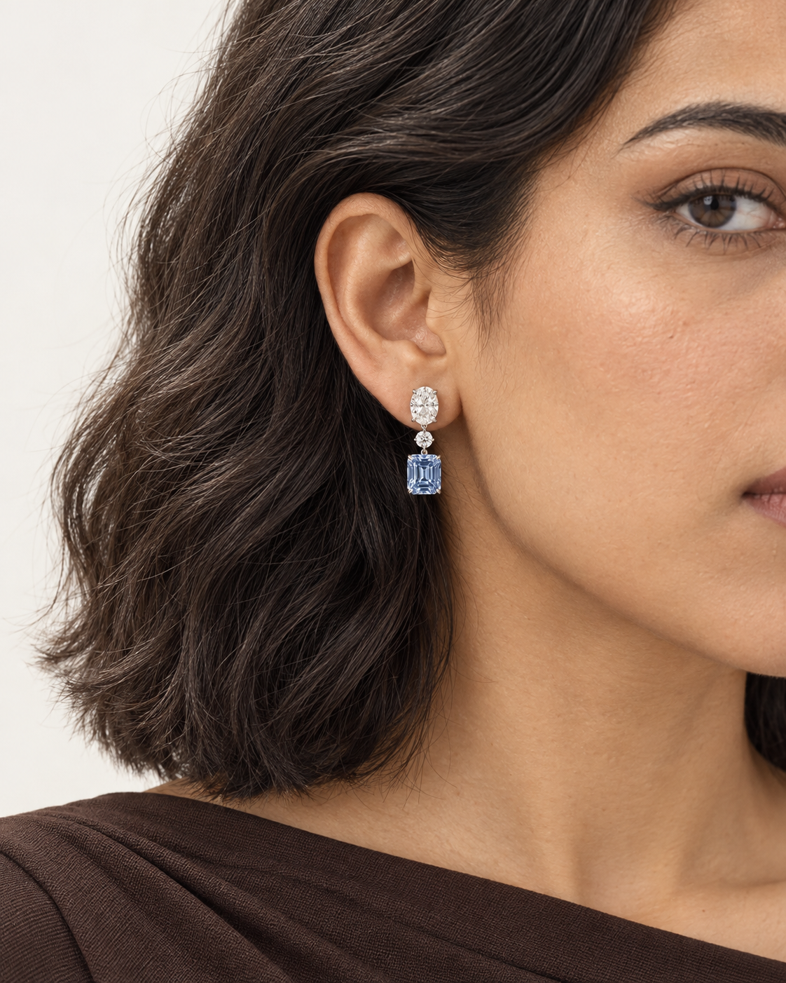 Blue Rectangle Drop Earrings — worn close view