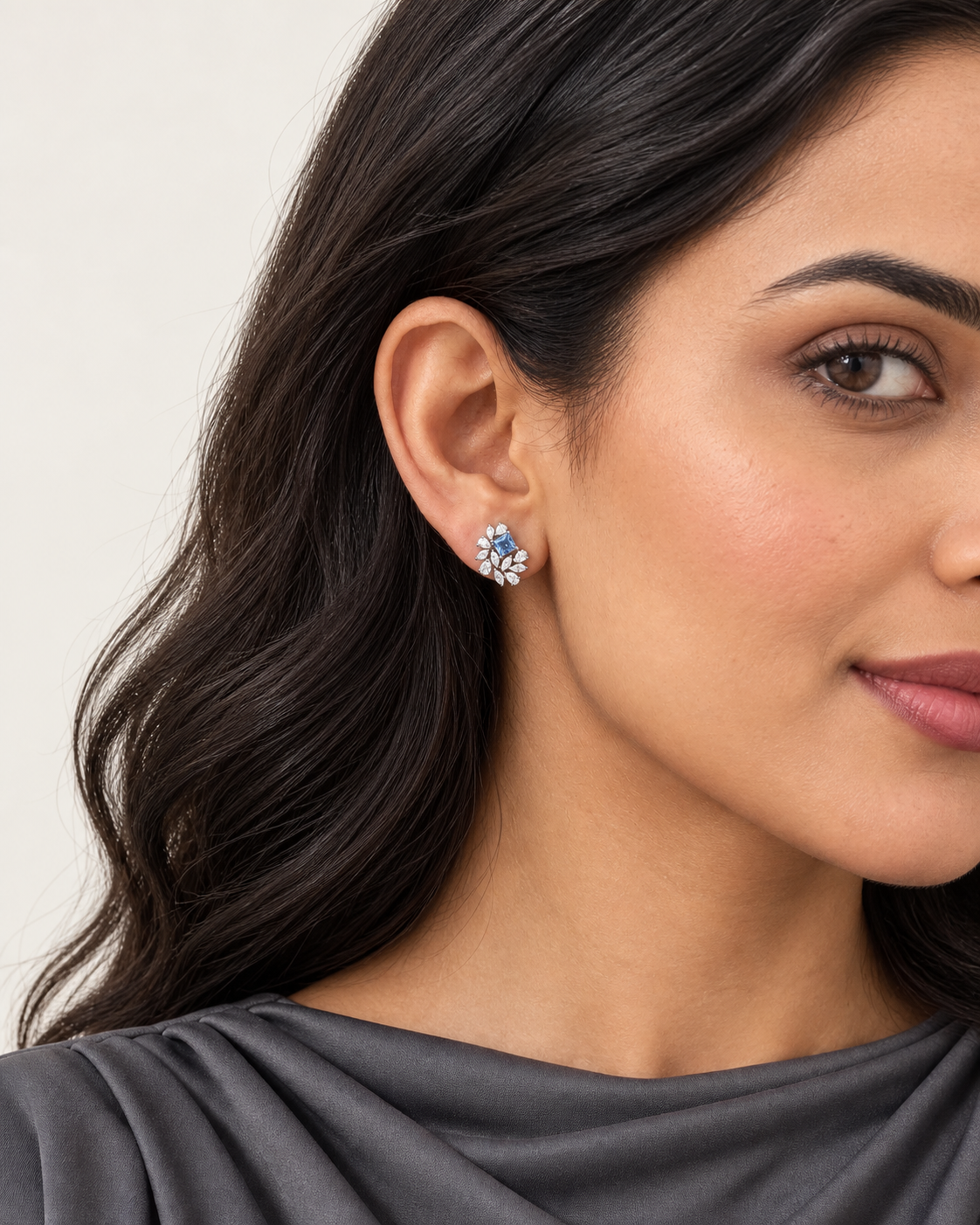 Blue Square Cluster Studs — worn close view