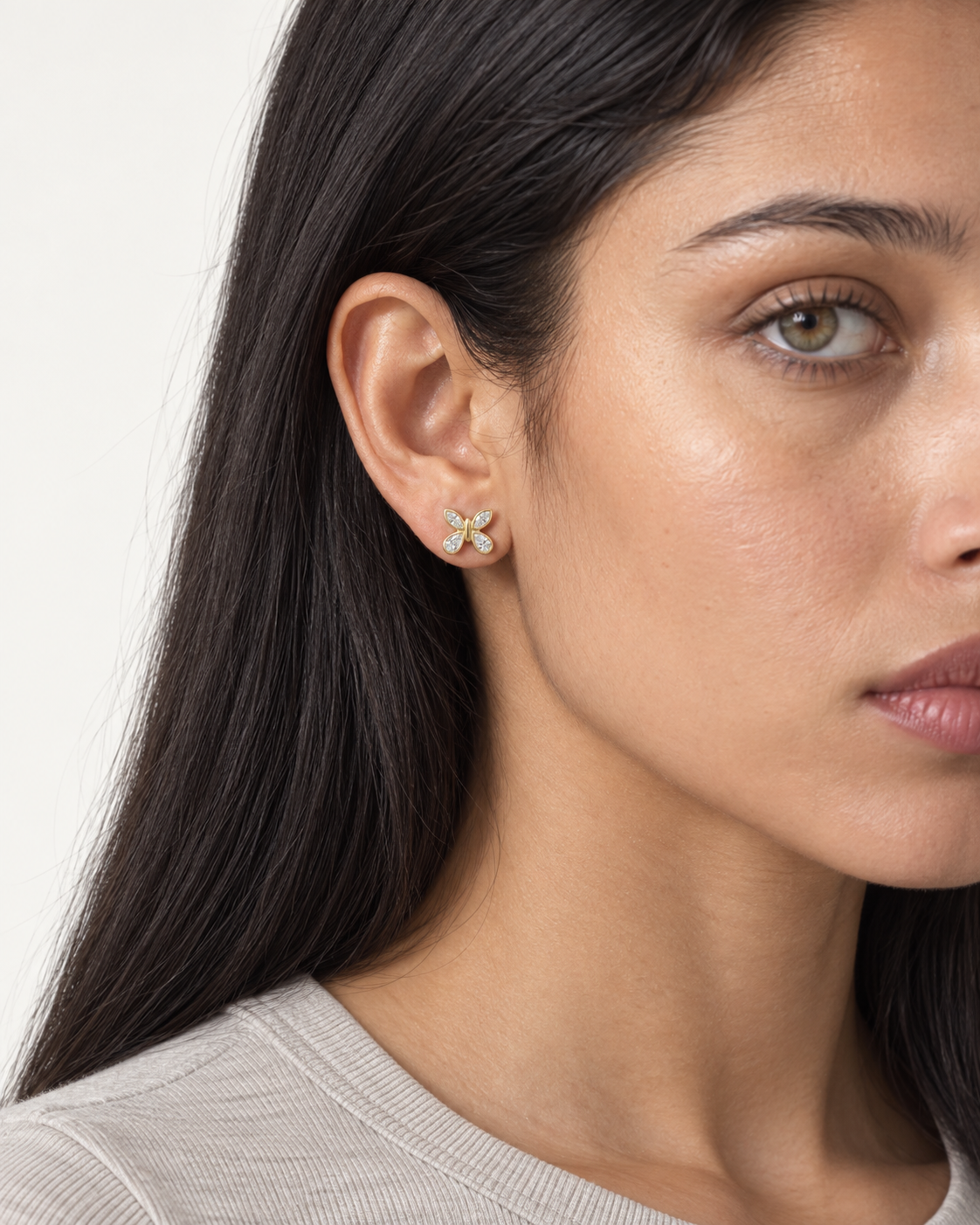 Butterfly Outline Studs — worn close view