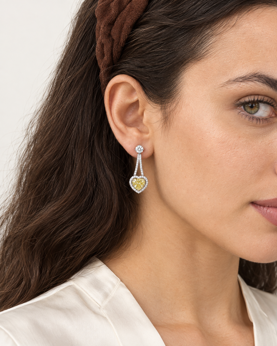 Framed Heart Drop Earrings — worn close view