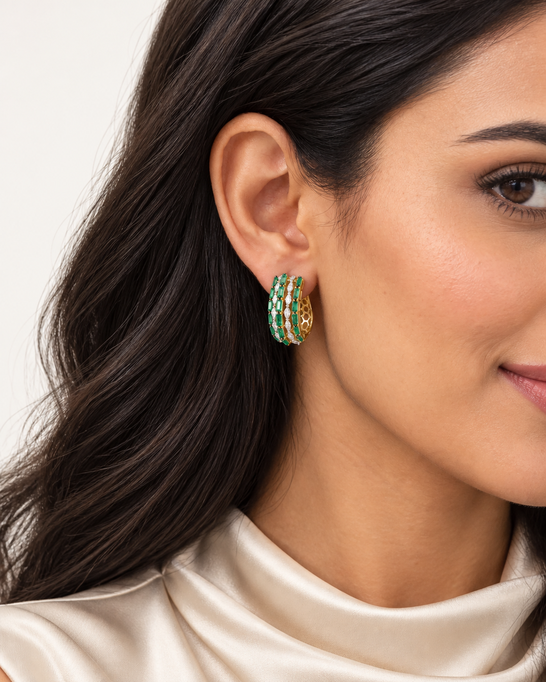 Green Baguette Hoops — worn close view