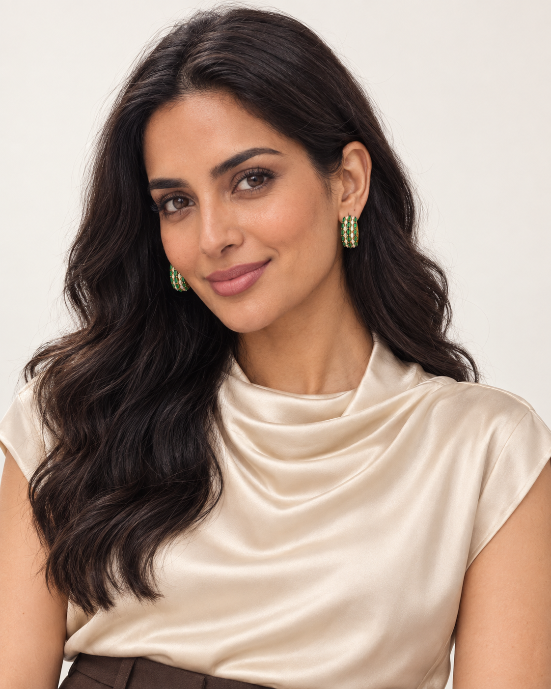 Green Baguette Hoops — worn studio view