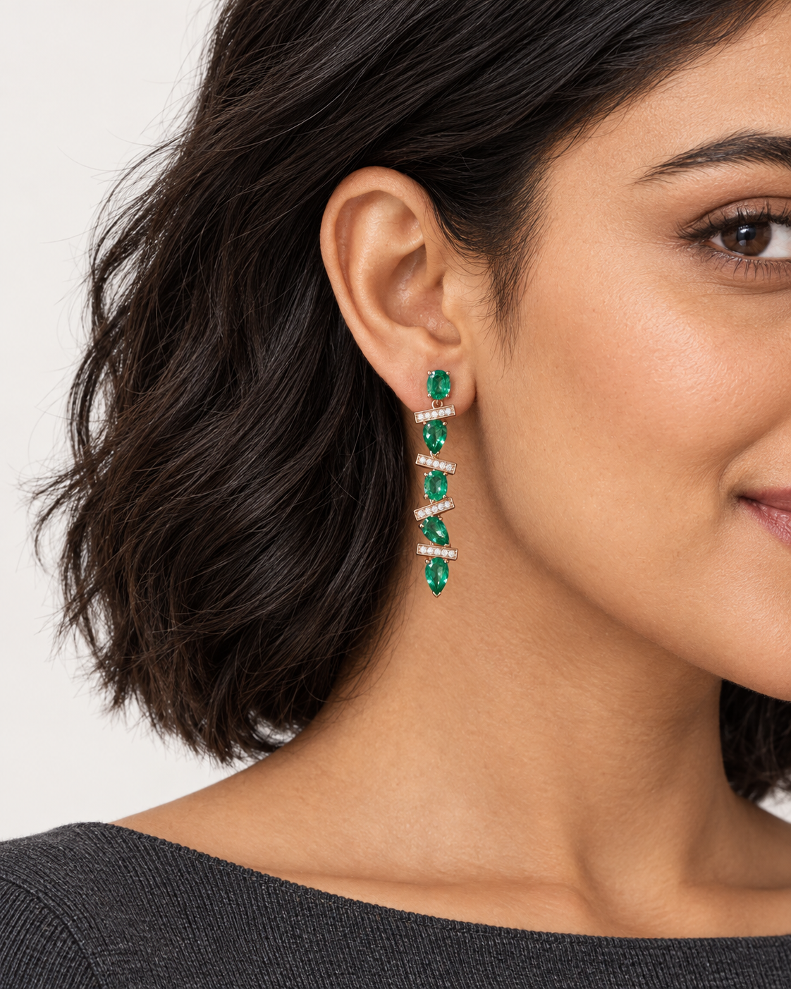 Green Bar Drop Earrings — worn close view