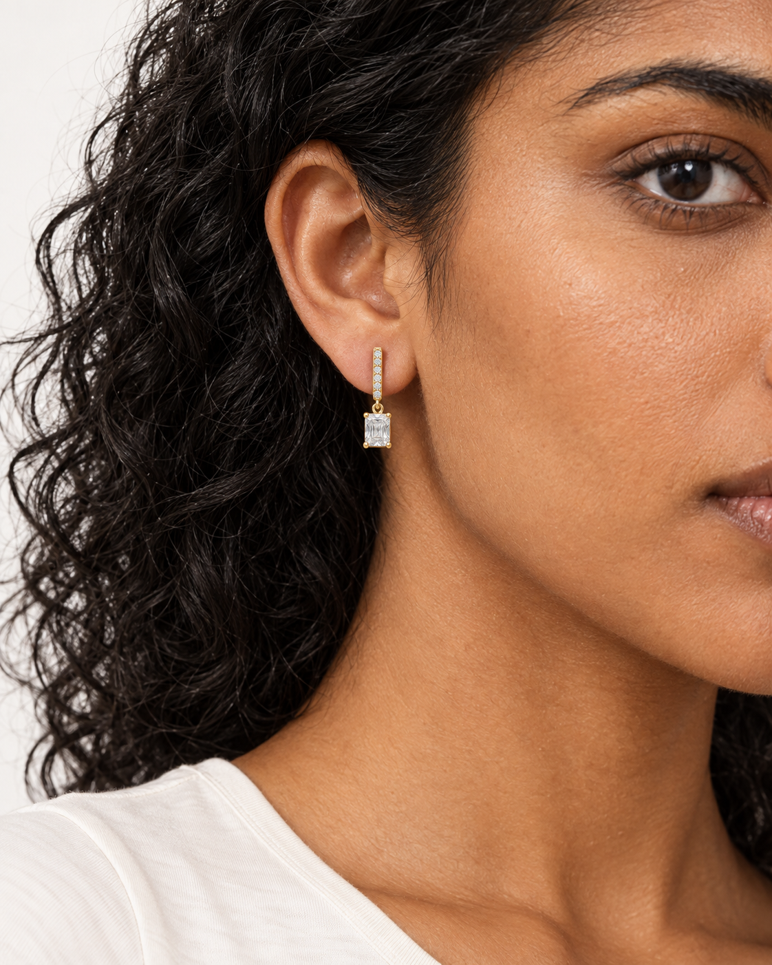 Linear Square Drop Earrings — worn close view