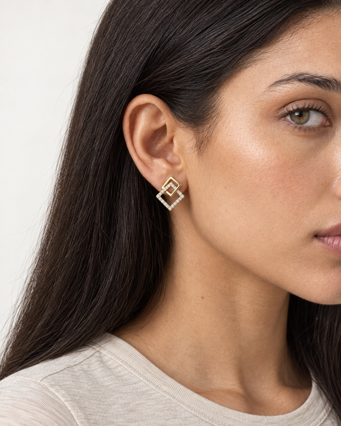 Linked Square Studs — worn close view